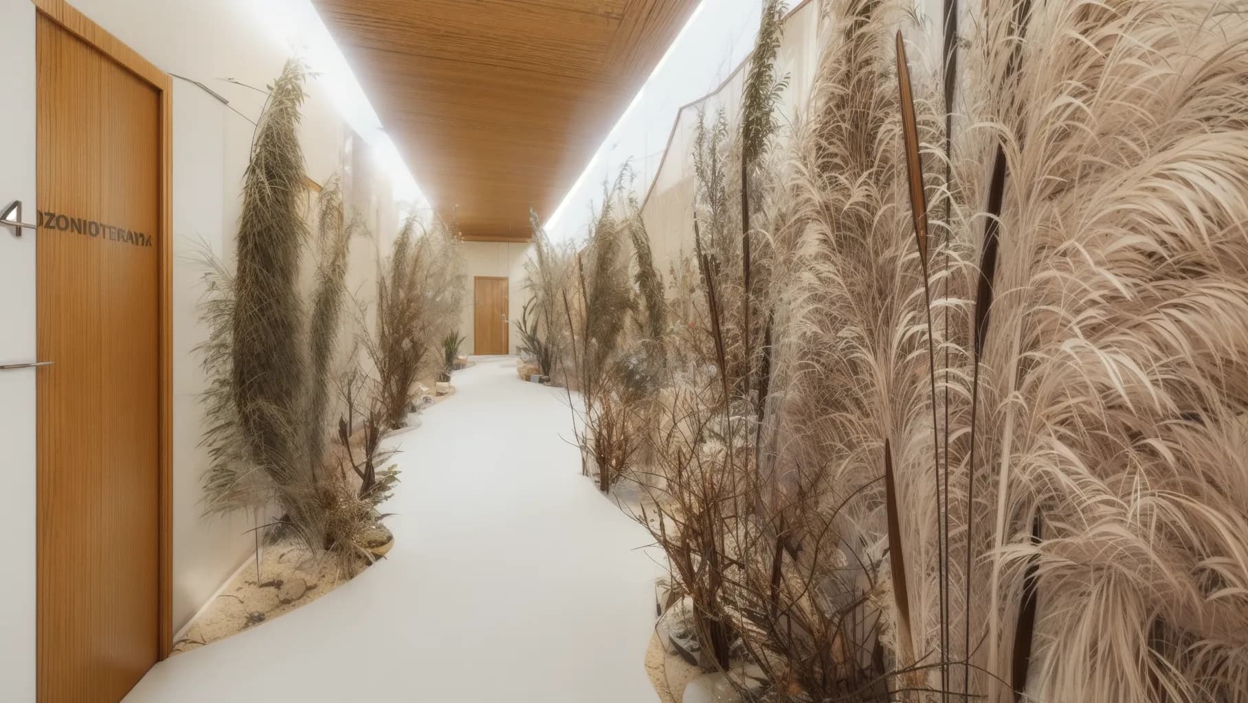 Corredor com texturas naturais e iluminação indireta na clínica Ânima Fisioterapias
