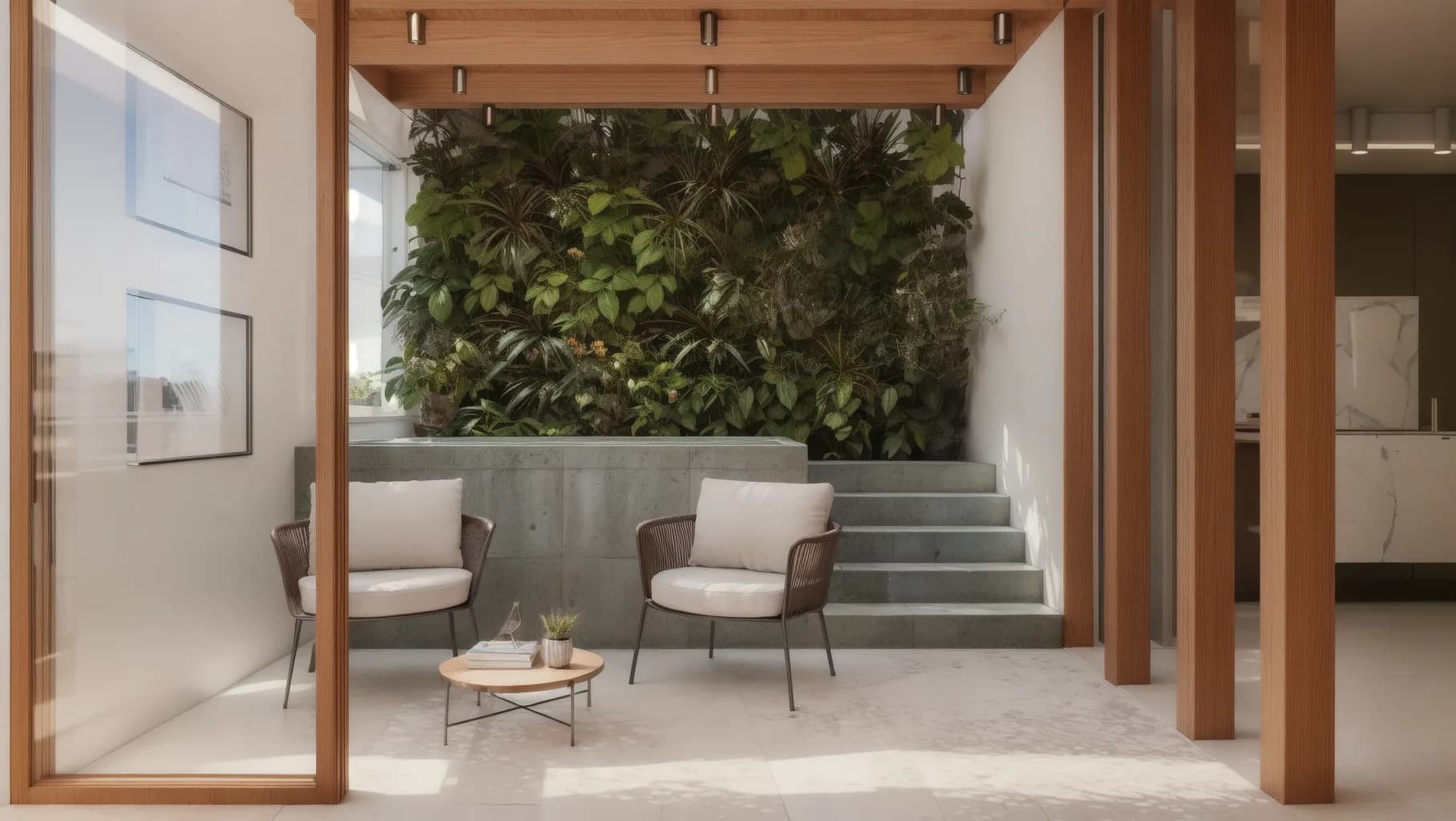 Área externa com jardim vertical de projeto assinado pela H+ Arquitetura & Co