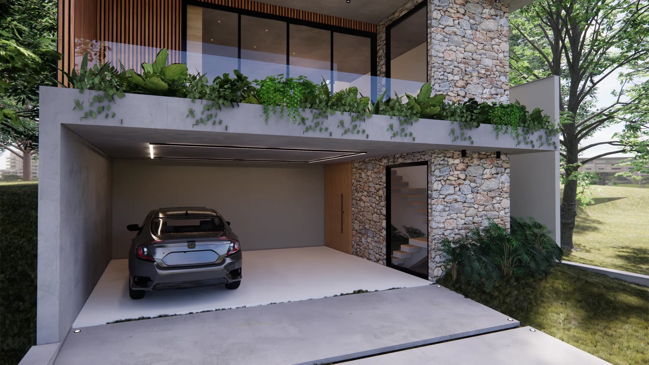 Fachada e área de garagem de residência projetada pela H+ Arquitetura & Co