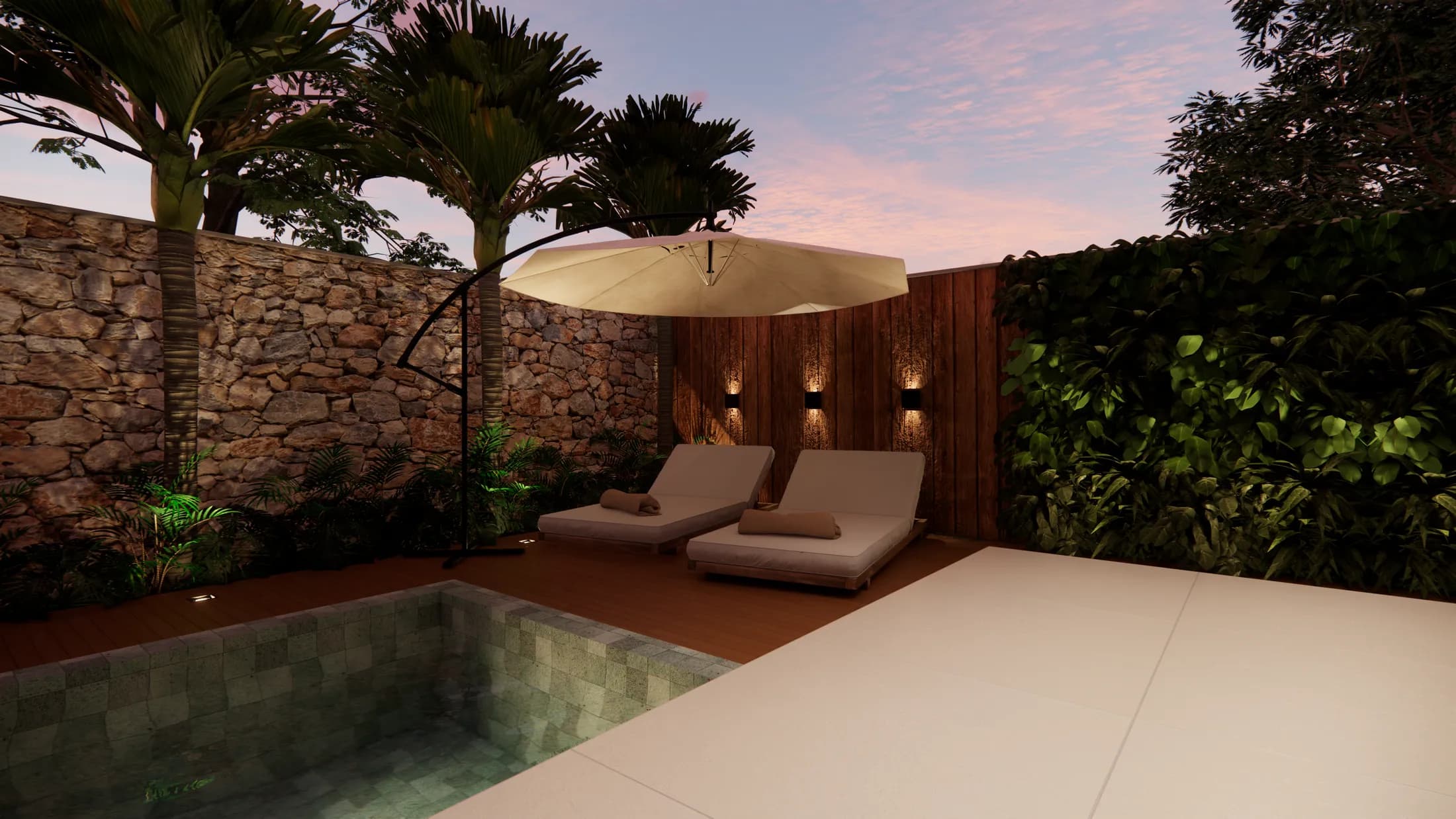 Área externa com piscina projetada pela H+ Arquitetura & Co